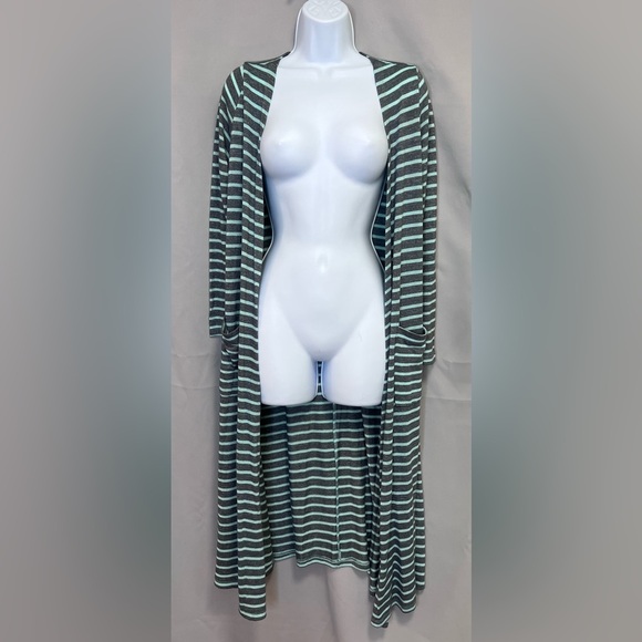 LuLaRoe Long Open‎ Duster Cardigan Sweater Women's Sz S Teal Green Gray Striped - Picture 3 of 9